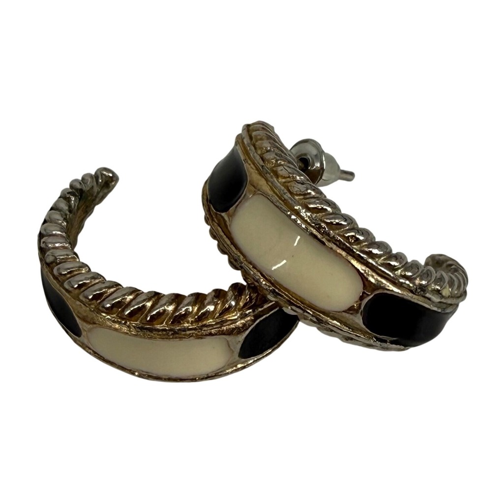 Vintage Gold Tone Enamel Chunky Hoop Earrings Black Cream Rope Texture Statement